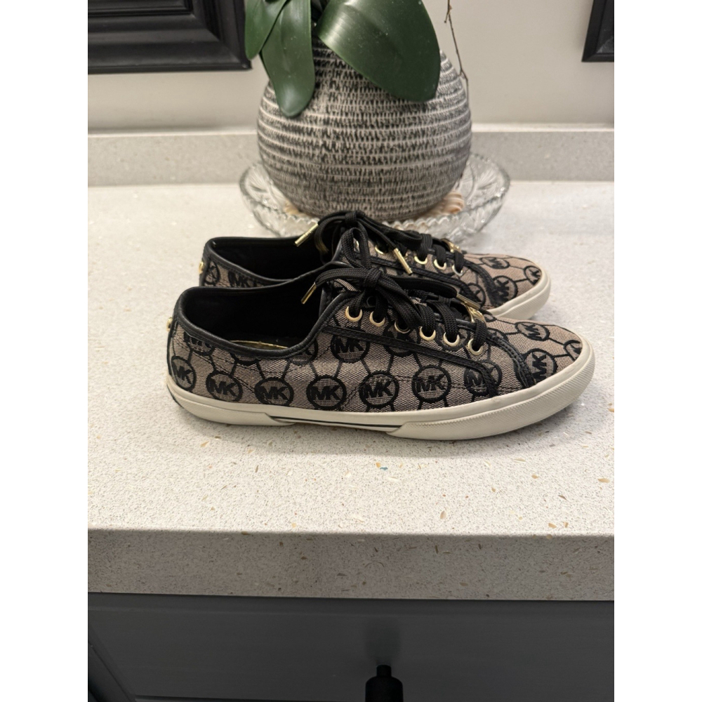 Michael Kors Women Sneakers Black /Tan Monogram Logo Size 8